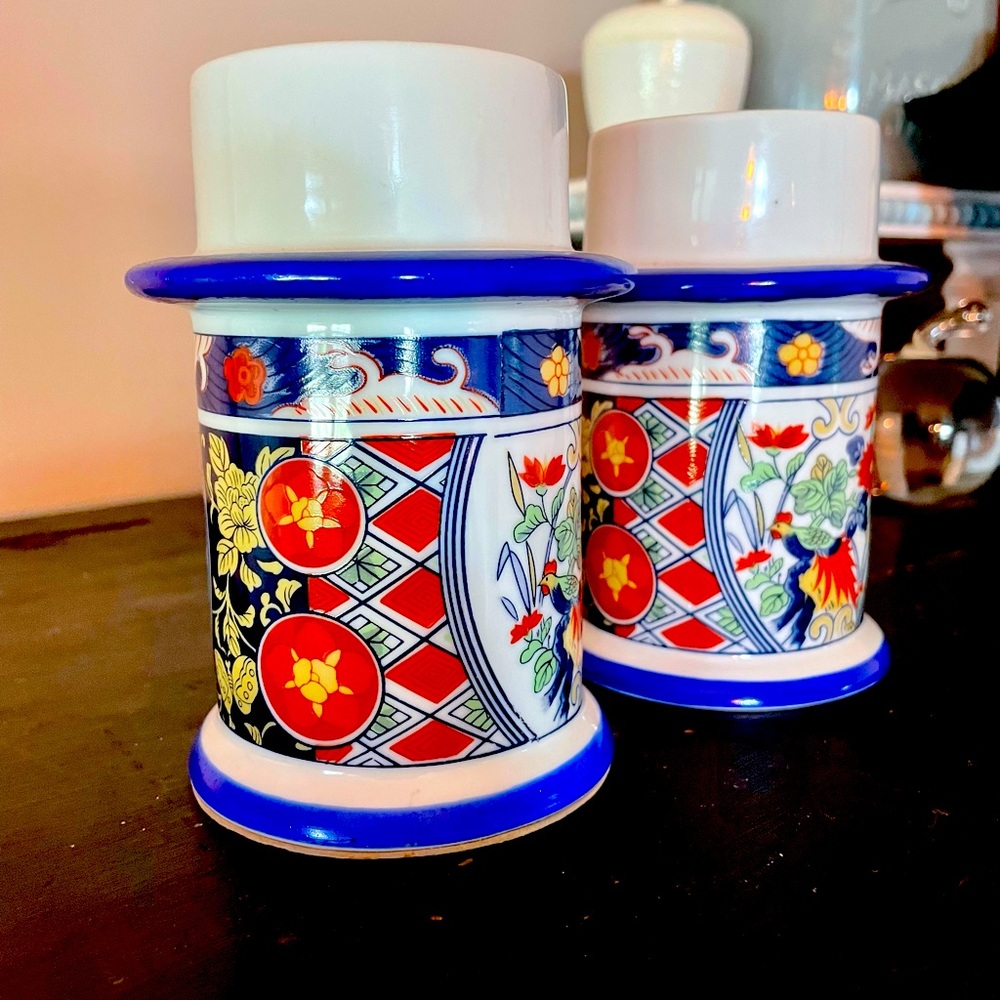 Vintage Imari Asian Cylindrical Pair Candle Holders